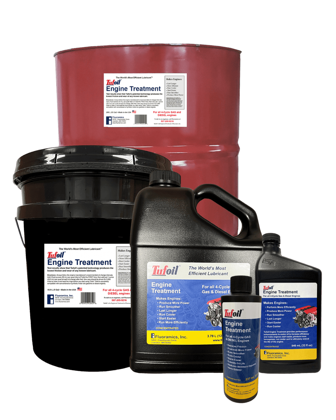 Fluoramics engine treatment containers for automotive maintenance.