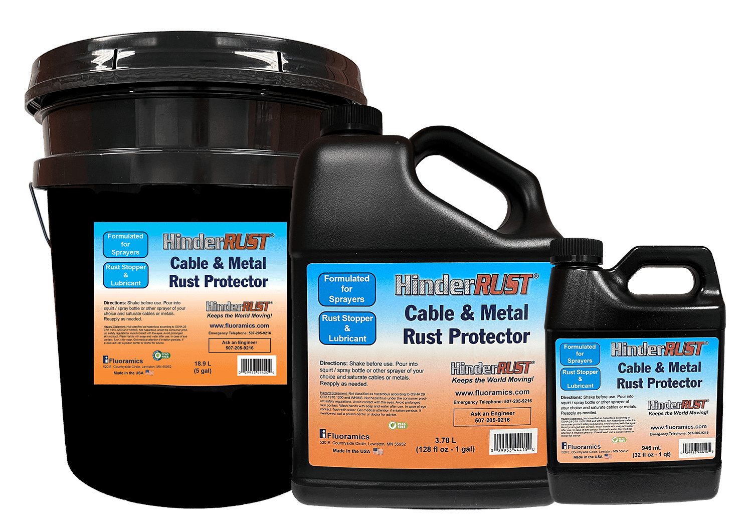 Image of HinderRUST Cable & Metal Rust Protector 5-gallon pail, gallon, and quart containers