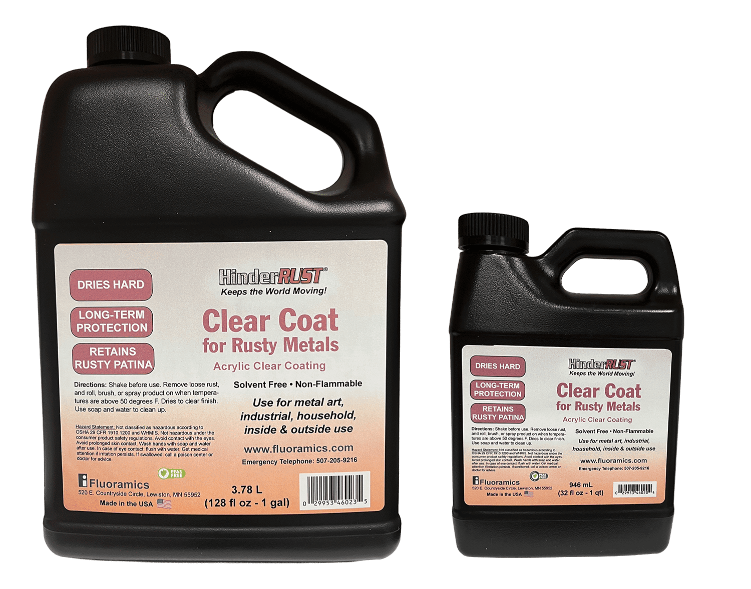 Gallon and quart jugs of HinderRUST Clear Coat for Rust Metals