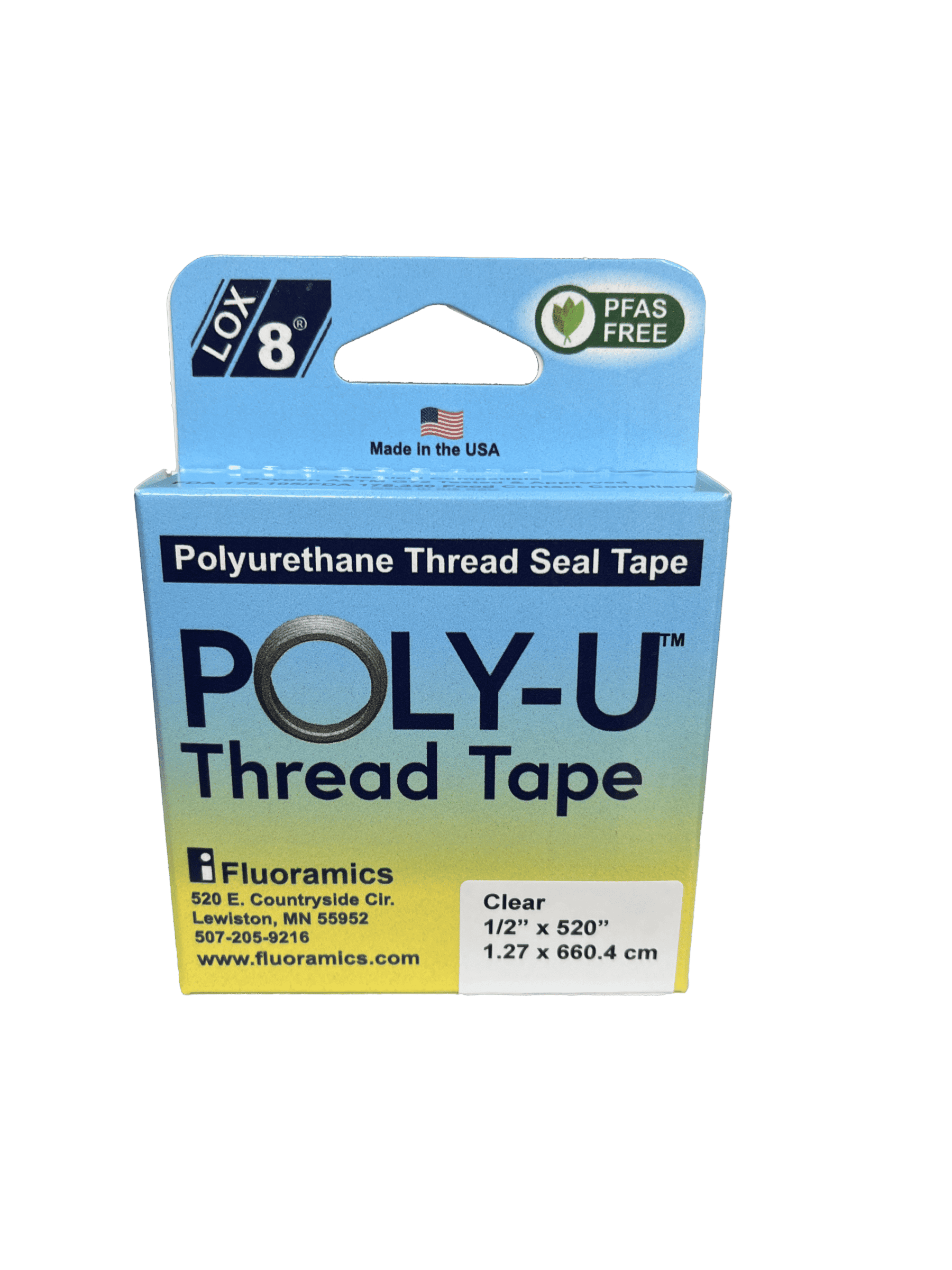 Blue and yellow cardboard box that holds roll of Poly-U tape